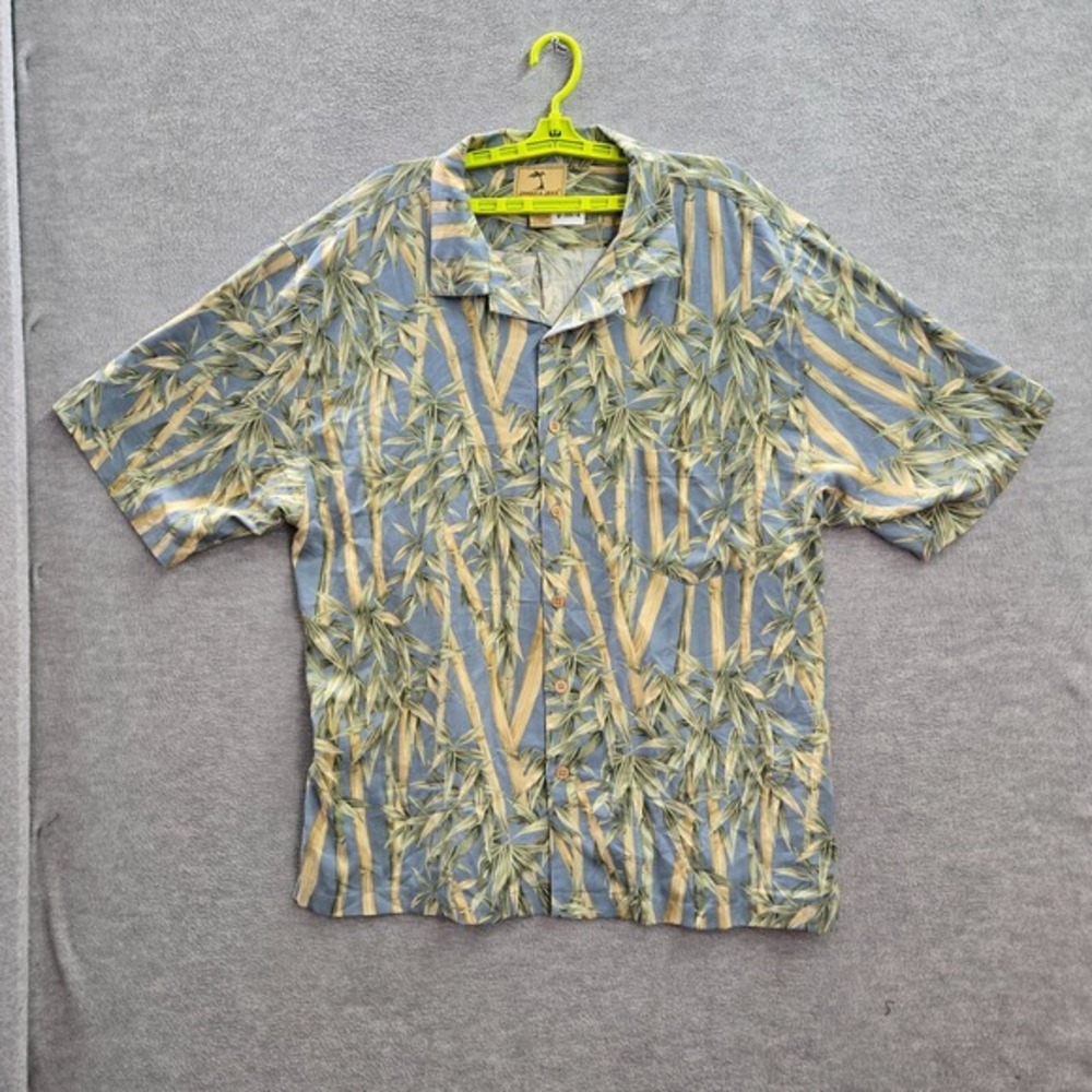 Jamaica Jaxx Men Button Up Shirt 2XL Blue Bamboo Leaf‎ Print Hawaiian 100% Silk